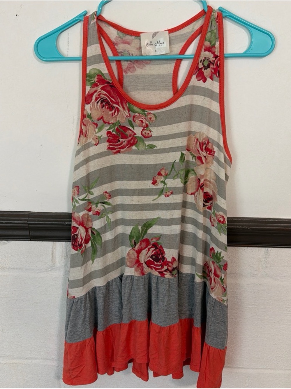 Elle Mac Floral Stripe Tank Top with Coral Trim